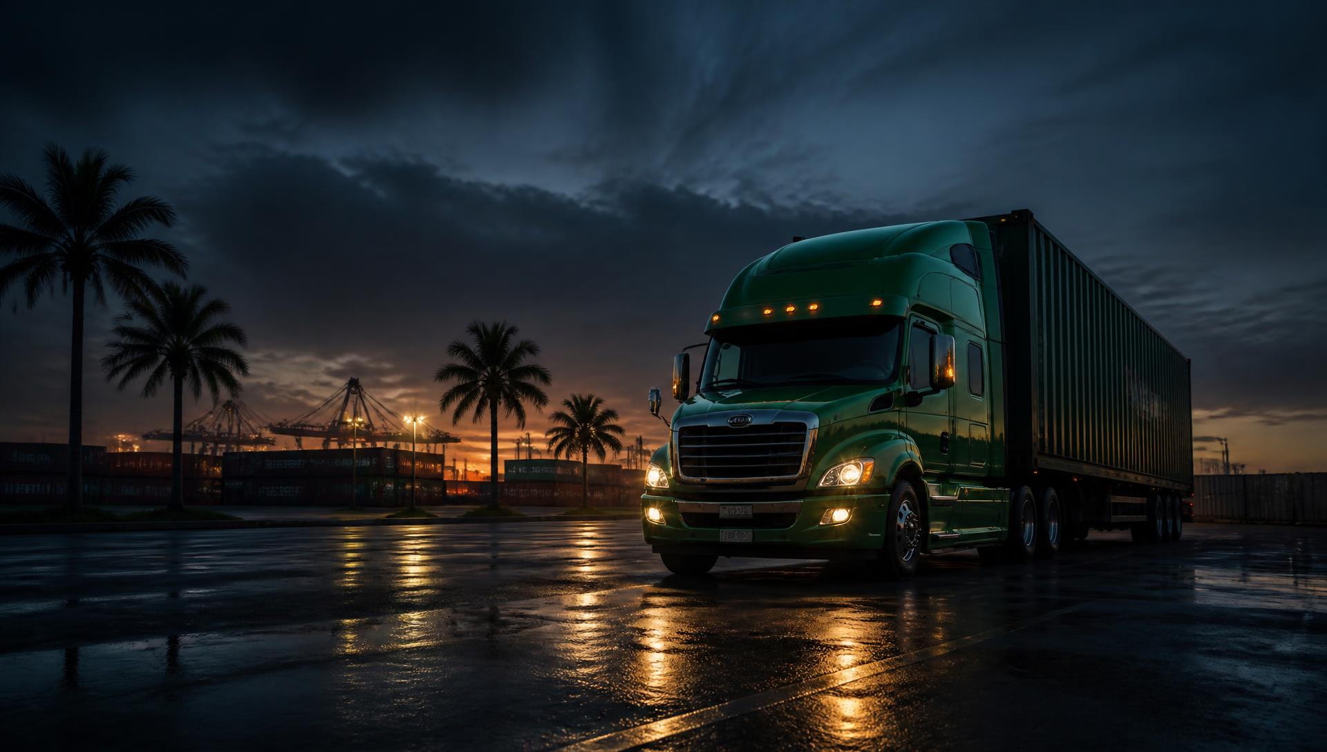 Green semi truck at a freight terminal at dusk