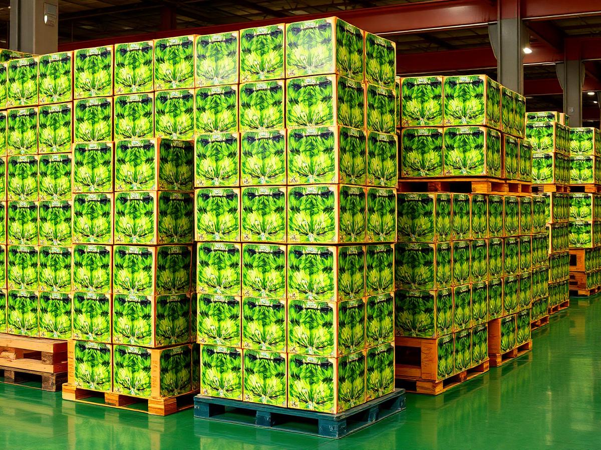 Palletized green produce boxes stacked in a distribution warehouse