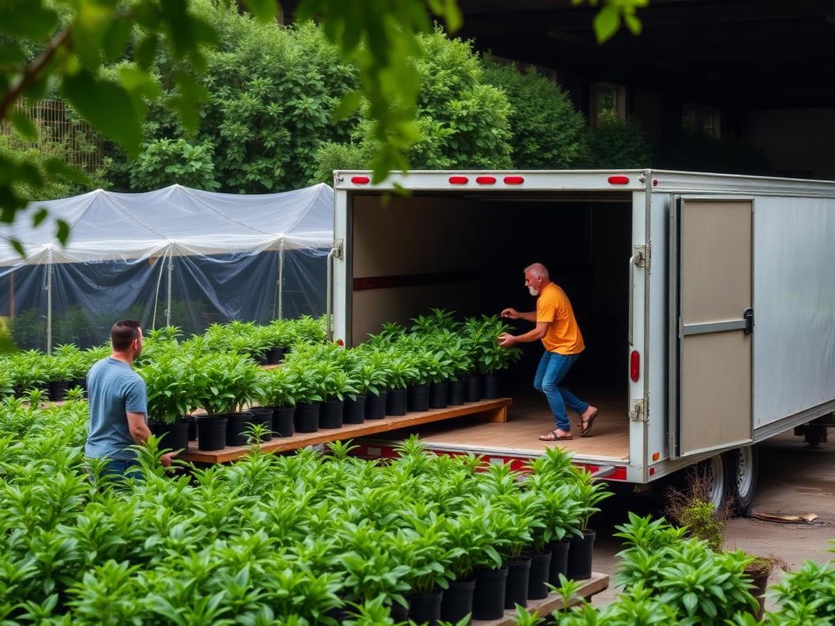 Workers loading potted green plants into a dry van trailer at a nursery