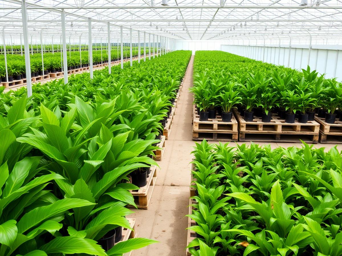 Rows of tropical plants in a greenhouse nursery ready for shipping