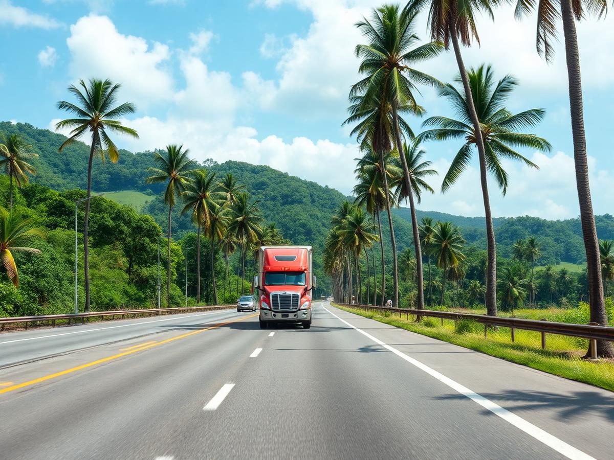 Semi truck on a highway lined with palm trees and green tropical hills