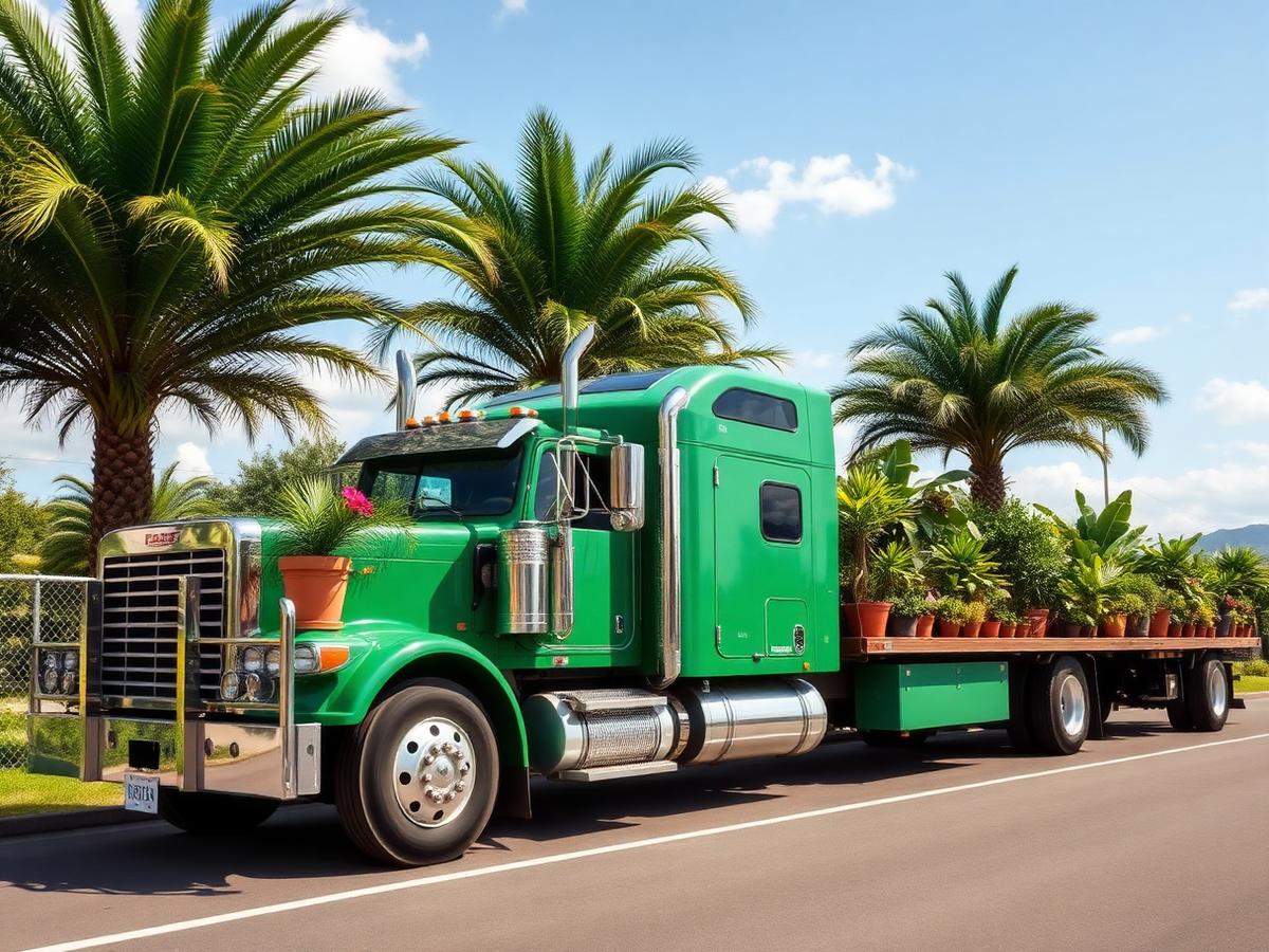 Green semi truck with flatbed trailer loaded with potted tropical plants