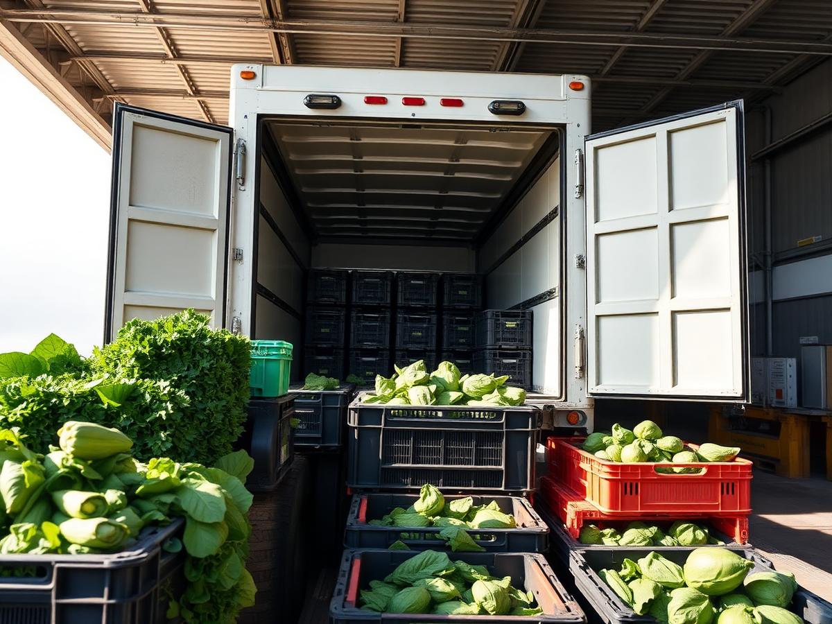 Refrigerated trailer loaded with crates of fresh green produce