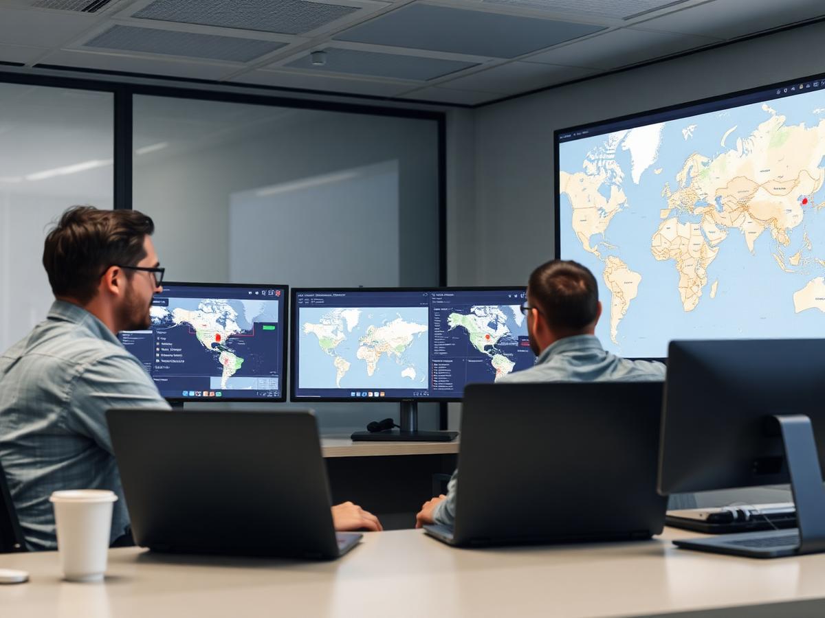 Dispatch team monitoring shipment tracking maps on screens